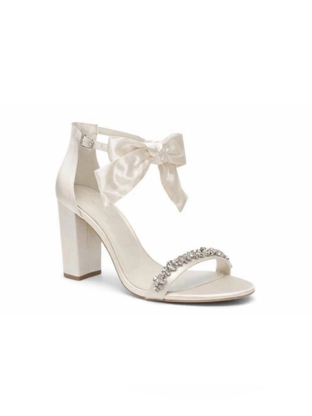 Women's White Satin Bow Ankle Strap Rhinestones Block Heels Sandals Sz 9.5